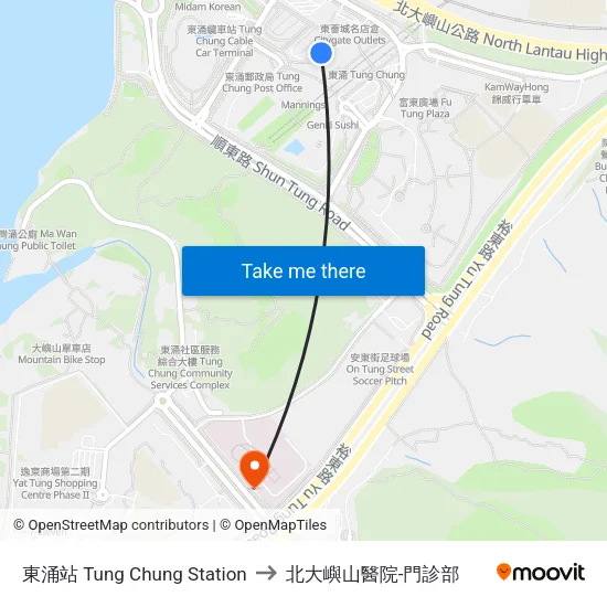 東涌站 Tung Chung Station to 北大嶼山醫院-門診部 map