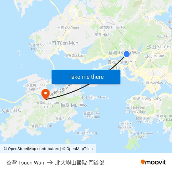 荃灣 Tsuen Wan to 北大嶼山醫院-門診部 map