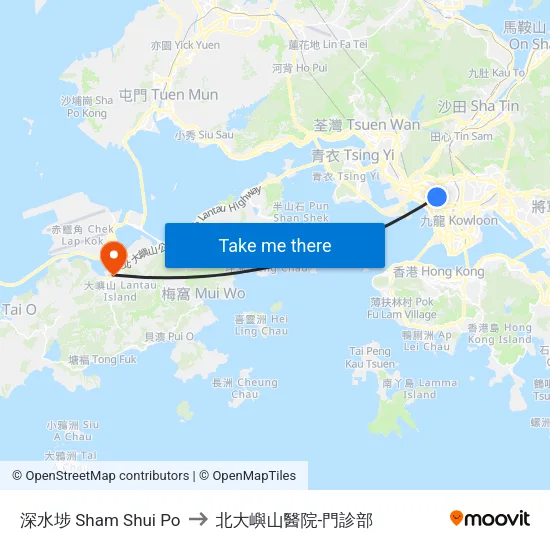 深水埗 Sham Shui Po to 北大嶼山醫院-門診部 map