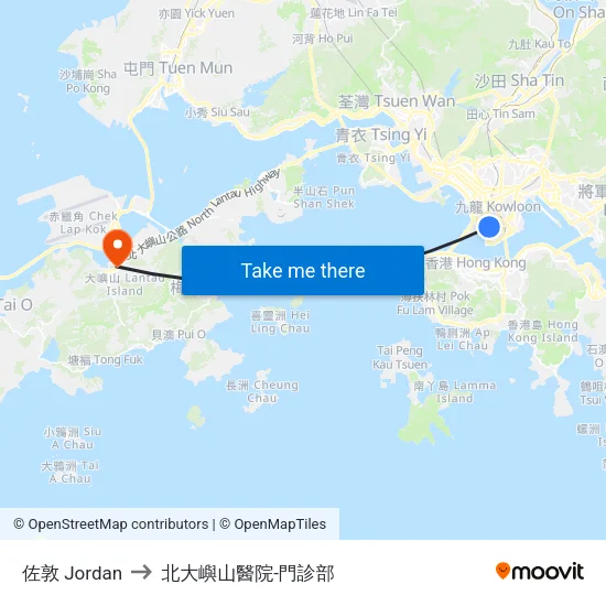 佐敦 Jordan to 北大嶼山醫院-門診部 map