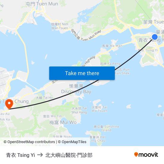 青衣 Tsing Yi to 北大嶼山醫院-門診部 map