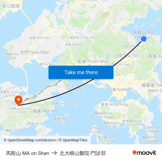 馬鞍山 MA on Shan to 北大嶼山醫院-門診部 map