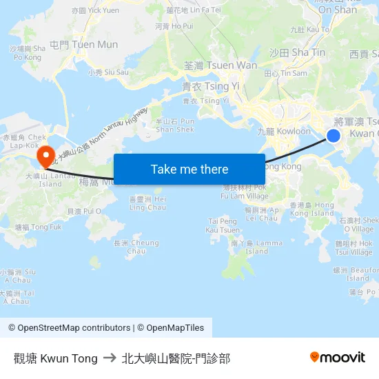 觀塘 Kwun Tong to 北大嶼山醫院-門診部 map