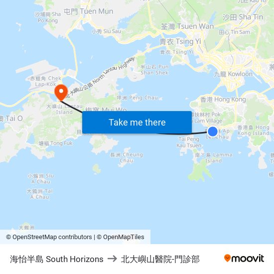 海怡半島 South Horizons to 北大嶼山醫院-門診部 map