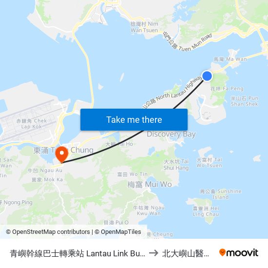 青嶼幹線巴士轉乘站 Lantau Link Bus-Bus Interchange to 北大嶼山醫院-急症室 map