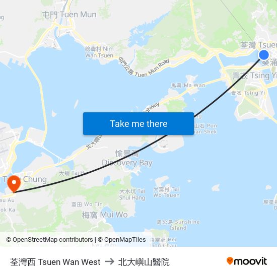 荃灣西 Tsuen Wan West to 北大嶼山醫院 map