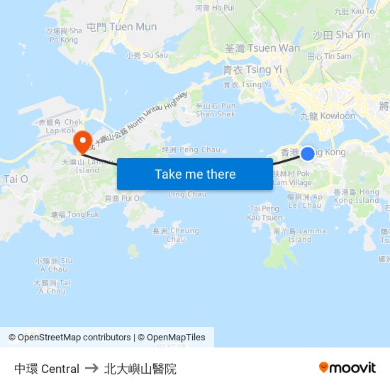 中環 Central to 北大嶼山醫院 map