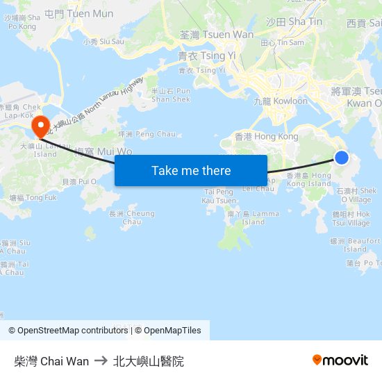 柴灣 Chai Wan to 北大嶼山醫院 map