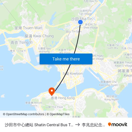 沙田市中心總站 Shatin Central Bus Terminus to 李兆忠紀念大樓 map