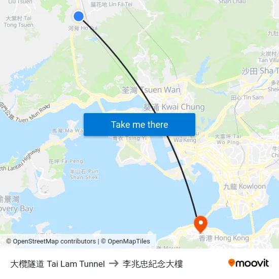 大欖隧道 Tai Lam Tunnel to 李兆忠紀念大樓 map