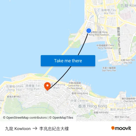 九龍 Kowloon to 李兆忠紀念大樓 map
