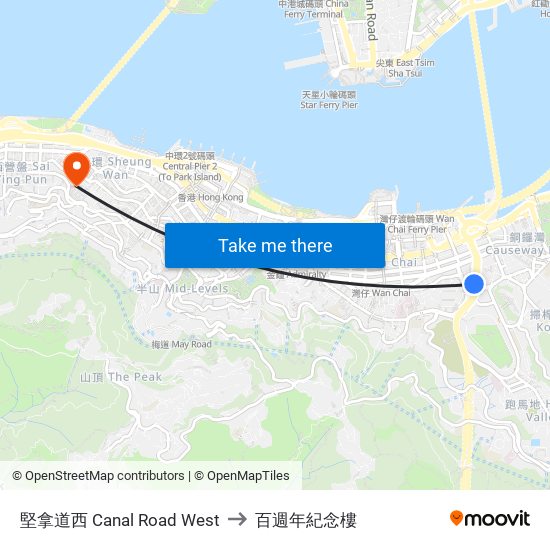 堅拿道西 Canal Road West to 百週年紀念樓 map