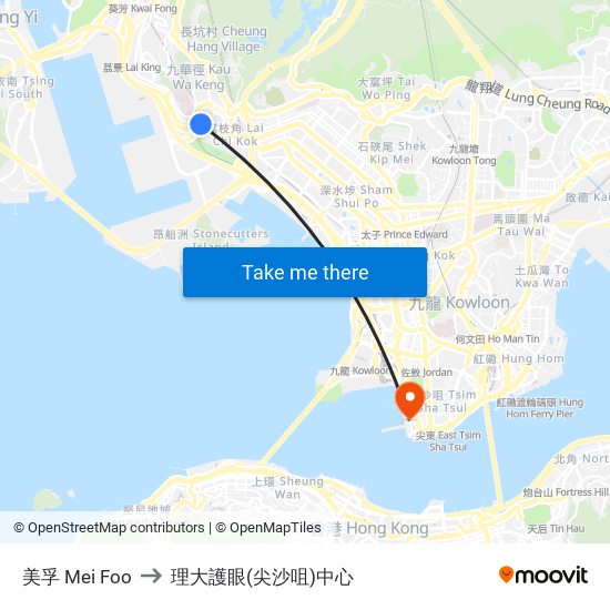 美孚 Mei Foo to 理大護眼(尖沙咀)中心 map