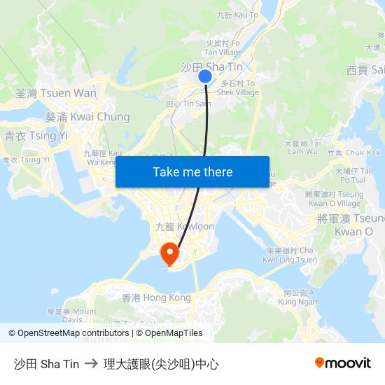 沙田 Sha Tin to 理大護眼(尖沙咀)中心 map