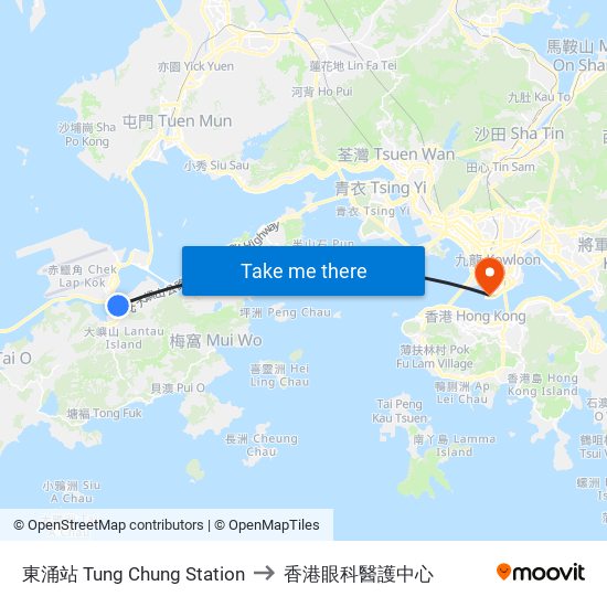 東涌站 Tung Chung Station to 香港眼科醫護中心 map