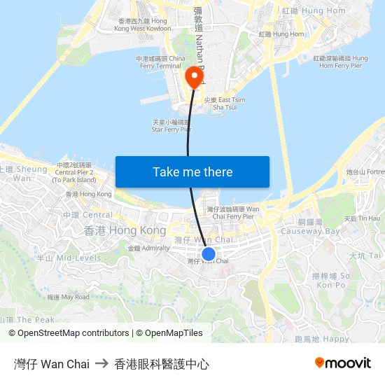 灣仔 Wan Chai to 香港眼科醫護中心 map