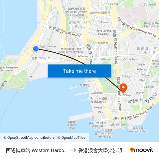 西隧轉車站 Western Harbour Tunnel Bbi to 香港浸會大學尖沙咀中醫藥診所 map