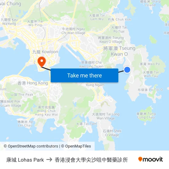 康城 Lohas Park to 香港浸會大學尖沙咀中醫藥診所 map