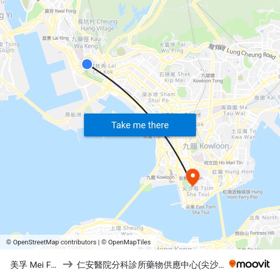 美孚 Mei Foo to 仁安醫院分科診所藥物供應中心(尖沙咀) map