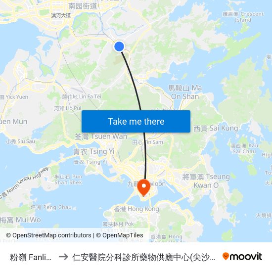 粉嶺 Fanling to 仁安醫院分科診所藥物供應中心(尖沙咀) map