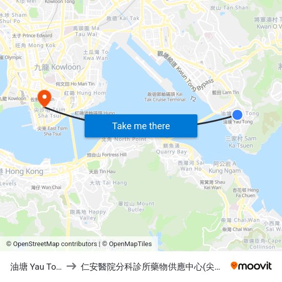 油塘 Yau Tong to 仁安醫院分科診所藥物供應中心(尖沙咀) map
