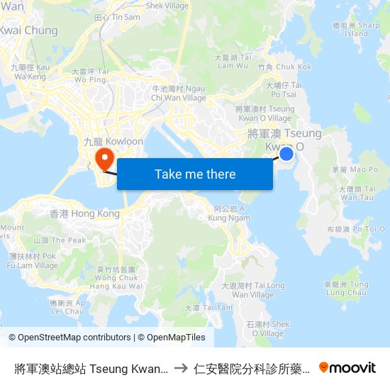 將軍澳站總站 Tseung Kwan O Station Bus Terminus to 仁安醫院分科診所藥物供應中心(尖沙咀) map