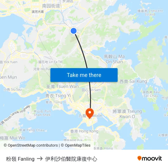 粉嶺 Fanling to 伊利沙伯醫院康復中心 map