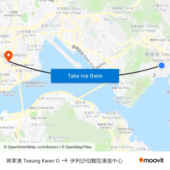 將軍澳 Tseung Kwan O to 伊利沙伯醫院康復中心 map