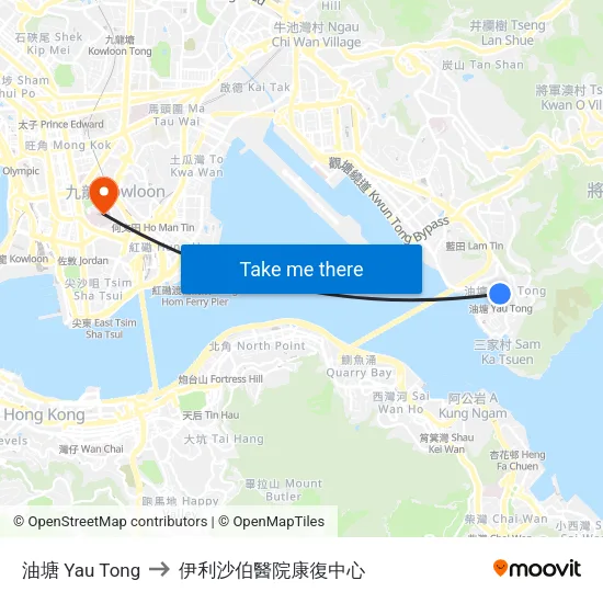 油塘 Yau Tong to 伊利沙伯醫院康復中心 map