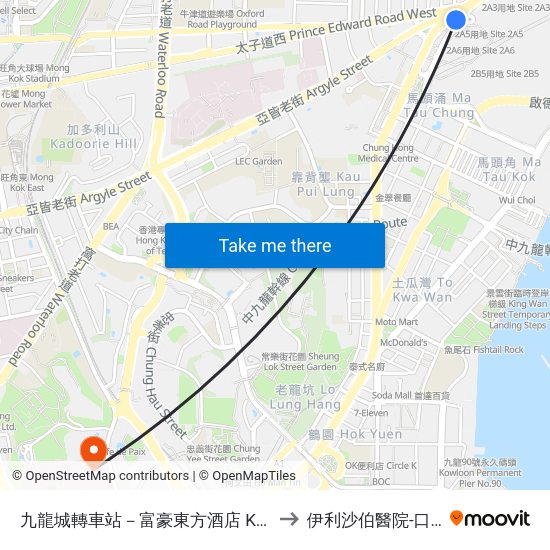 九龍城轉車站－富豪東方酒店 Kowloon City Bbi - Regal Oriental Hotel to 伊利沙伯醫院-口腔頜面外科及牙科部 map