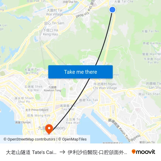 大老山隧道 Tate's Cairn Tunnel to 伊利沙伯醫院-口腔頜面外科及牙科部 map