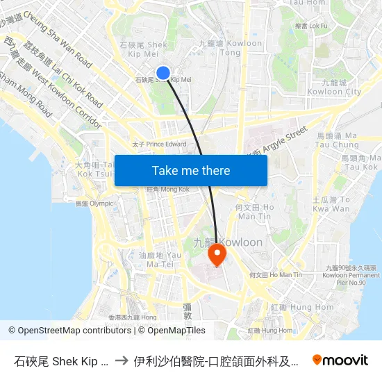 石硤尾 Shek Kip Mei to 伊利沙伯醫院-口腔頜面外科及牙科部 map