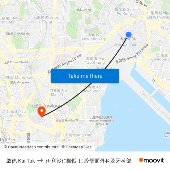 啟德 Kai Tak to 伊利沙伯醫院-口腔頜面外科及牙科部 map