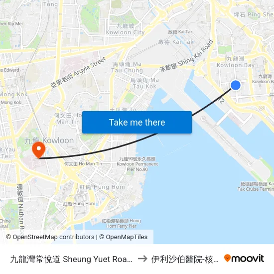 九龍灣常悅道 Sheung Yuet Road Kowloon Bay to 伊利沙伯醫院-核子醫學部 map