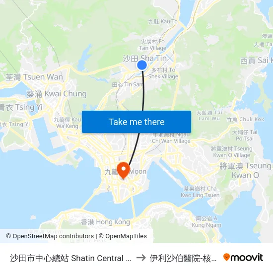 沙田市中心總站 Shatin Central Bus Terminus to 伊利沙伯醫院-核子醫學部 map