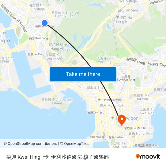葵興 Kwai Hing to 伊利沙伯醫院-核子醫學部 map