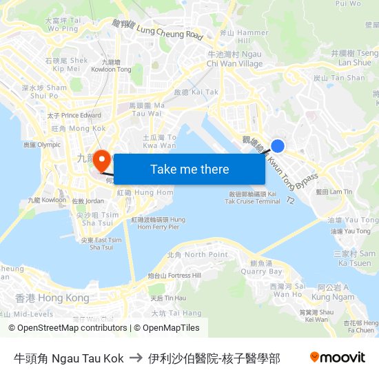 牛頭角 Ngau Tau Kok to 伊利沙伯醫院-核子醫學部 map