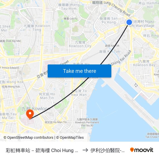 彩虹轉車站－碧海樓 Choi Hung Bbi - Pik Hoi House to 伊利沙伯醫院-核子醫學部 map