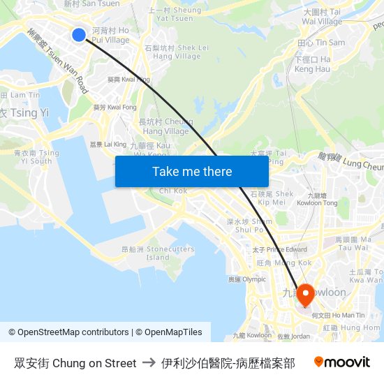 眾安街 Chung on Street to 伊利沙伯醫院-病歷檔案部 map