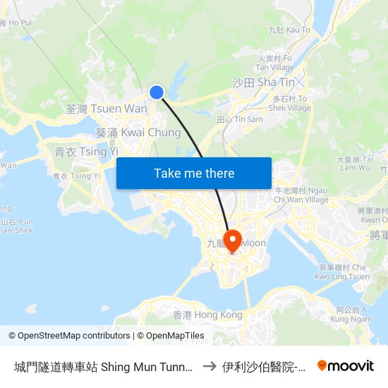 城門隧道轉車站 Shing Mun Tunnels Bus Interchange to 伊利沙伯醫院-病歷檔案部 map