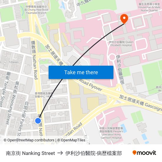 南京街 Nanking Street to 伊利沙伯醫院-病歷檔案部 map