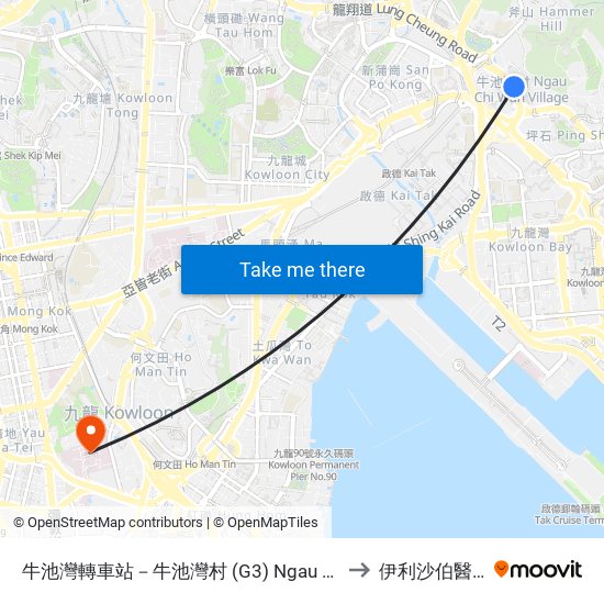 牛池灣轉車站－牛池灣村 (G3) Ngau Chi Wan Bbi - Ngau Chi Wan Village (G3) to 伊利沙伯醫院-病歷檔案部 map