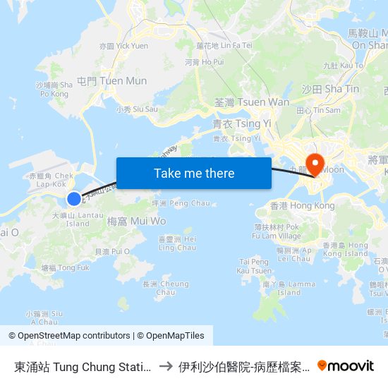 東涌站 Tung Chung Station to 伊利沙伯醫院-病歷檔案部 map