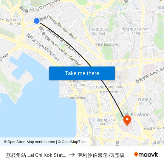 荔枝角站 Lai Chi Kok Station to 伊利沙伯醫院-病歷檔案部 map