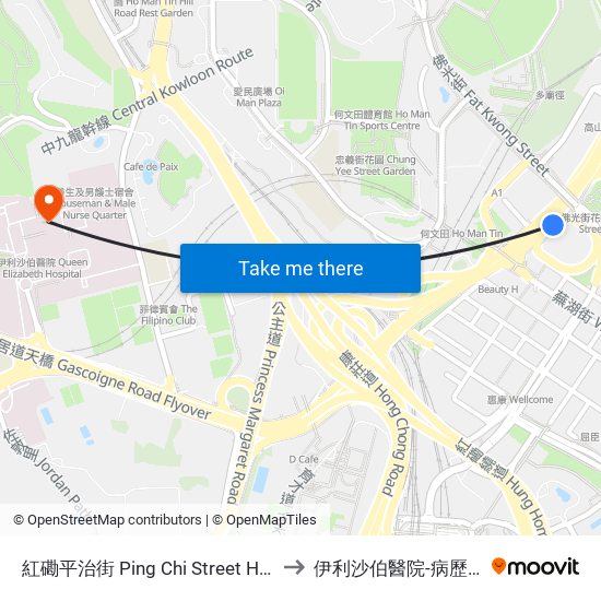 紅磡平治街 Ping Chi Street Hung Hom to 伊利沙伯醫院-病歷檔案部 map