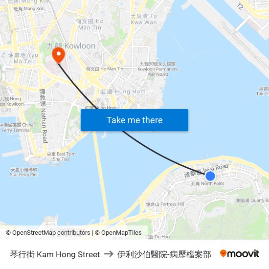 琴行街 Kam Hong Street to 伊利沙伯醫院-病歷檔案部 map