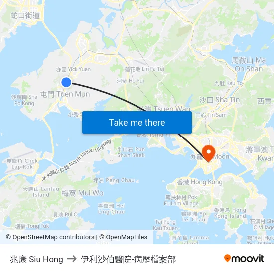 兆康 Siu Hong to 伊利沙伯醫院-病歷檔案部 map