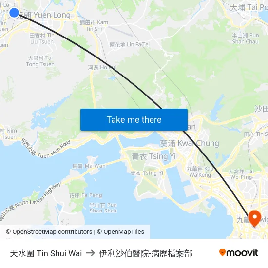 天水圍 Tin Shui Wai to 伊利沙伯醫院-病歷檔案部 map