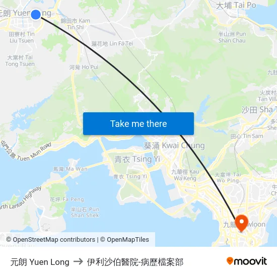 元朗 Yuen Long to 伊利沙伯醫院-病歷檔案部 map