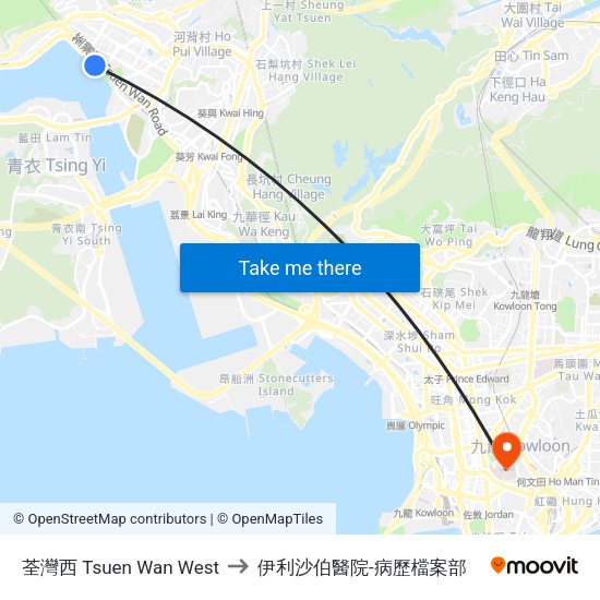 荃灣西 Tsuen Wan West to 伊利沙伯醫院-病歷檔案部 map